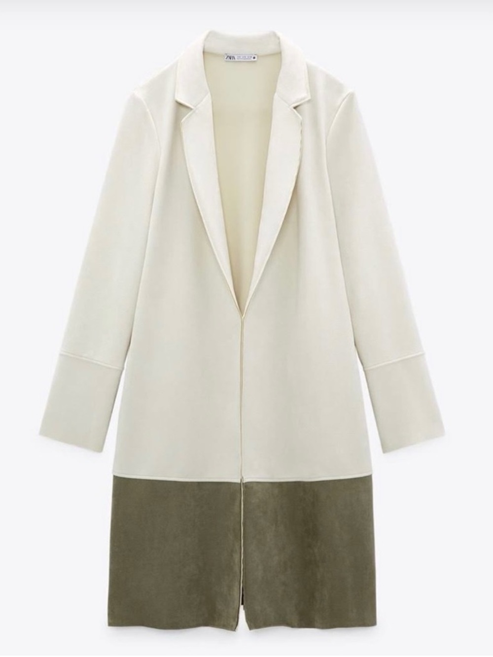 ZARA Faux Suede Cream and Olive Colorblock Long Trench Coat